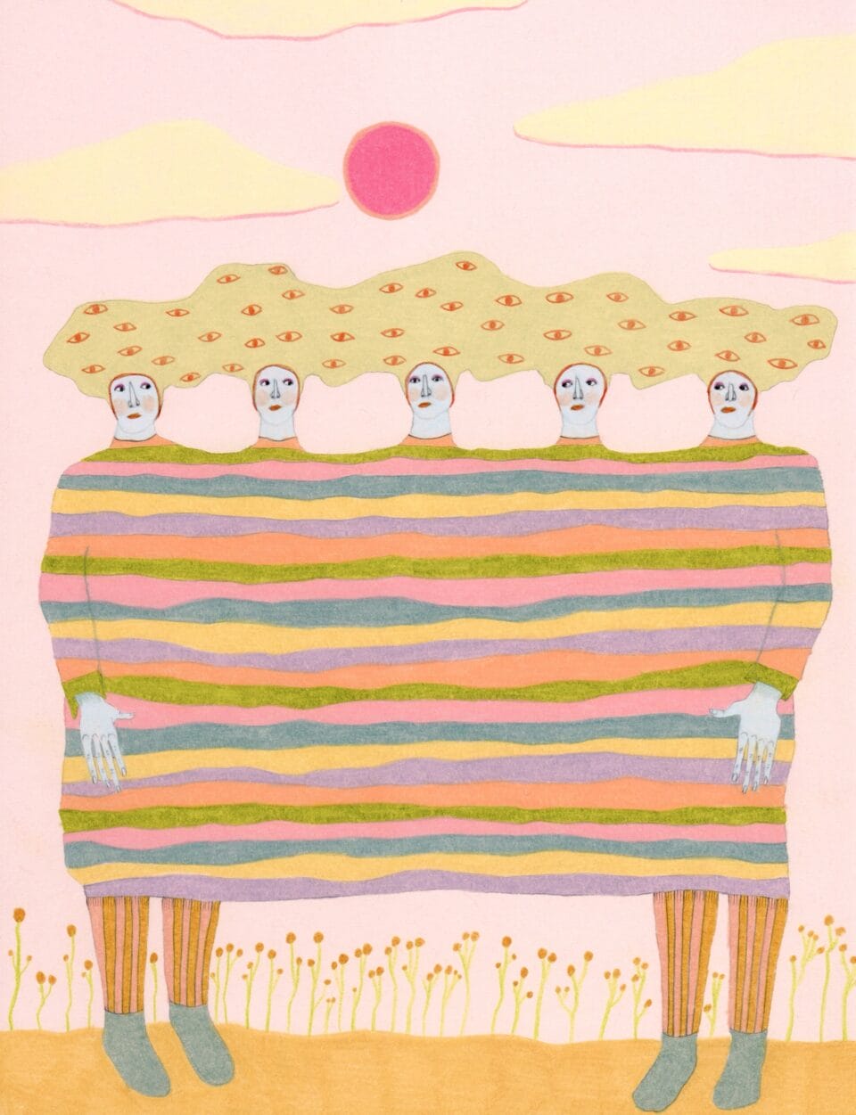 a five headed figure with two sets of legs wears a striped garment