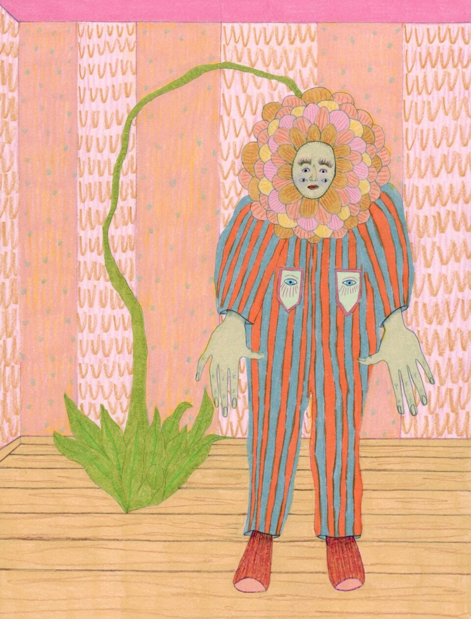 a figure with a flower head and stem with leaves coming from the top of its head. the figure wears a striped suit