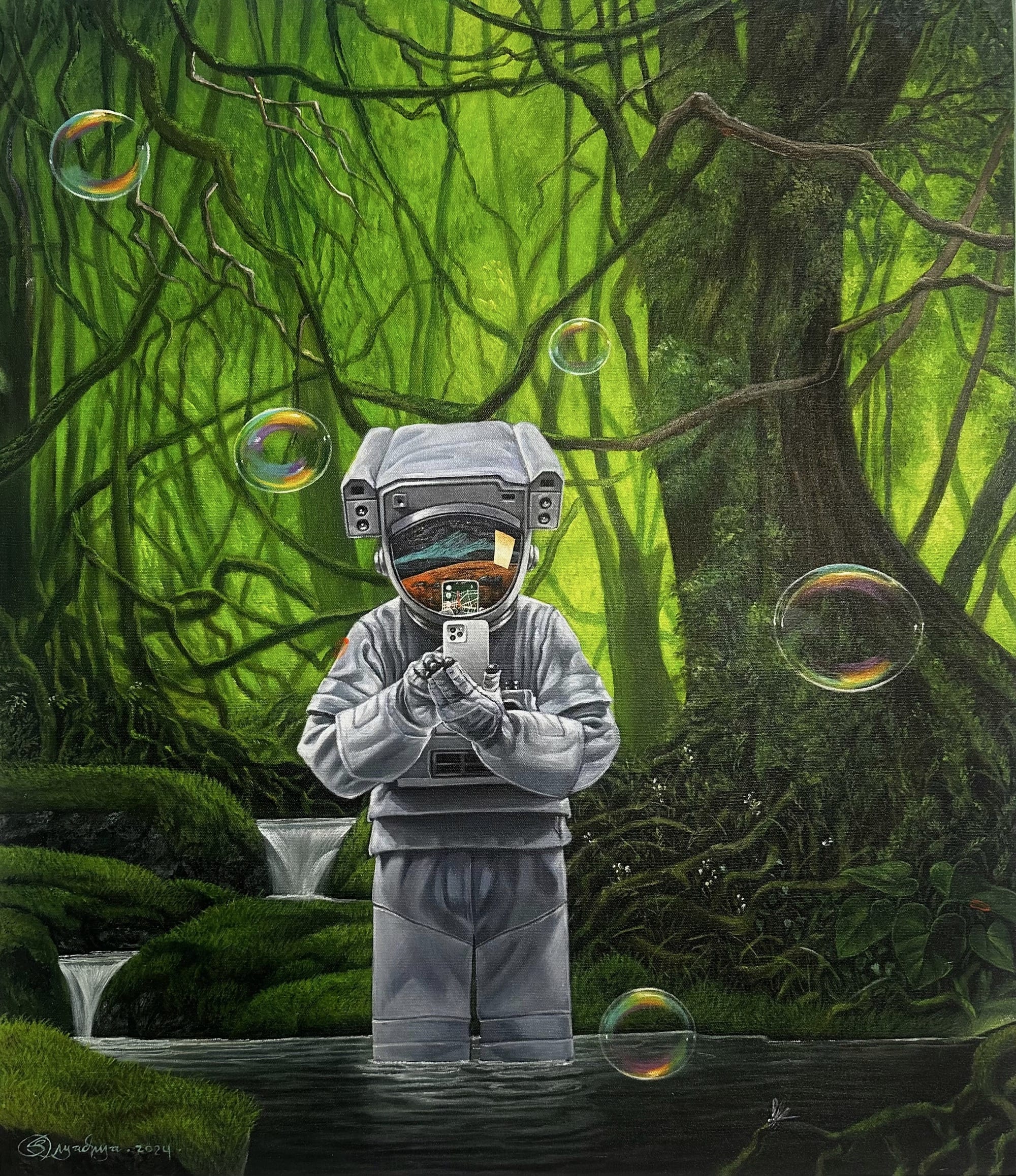 an astronaut takes a photo while surrounded by bubbles in a lush jungle