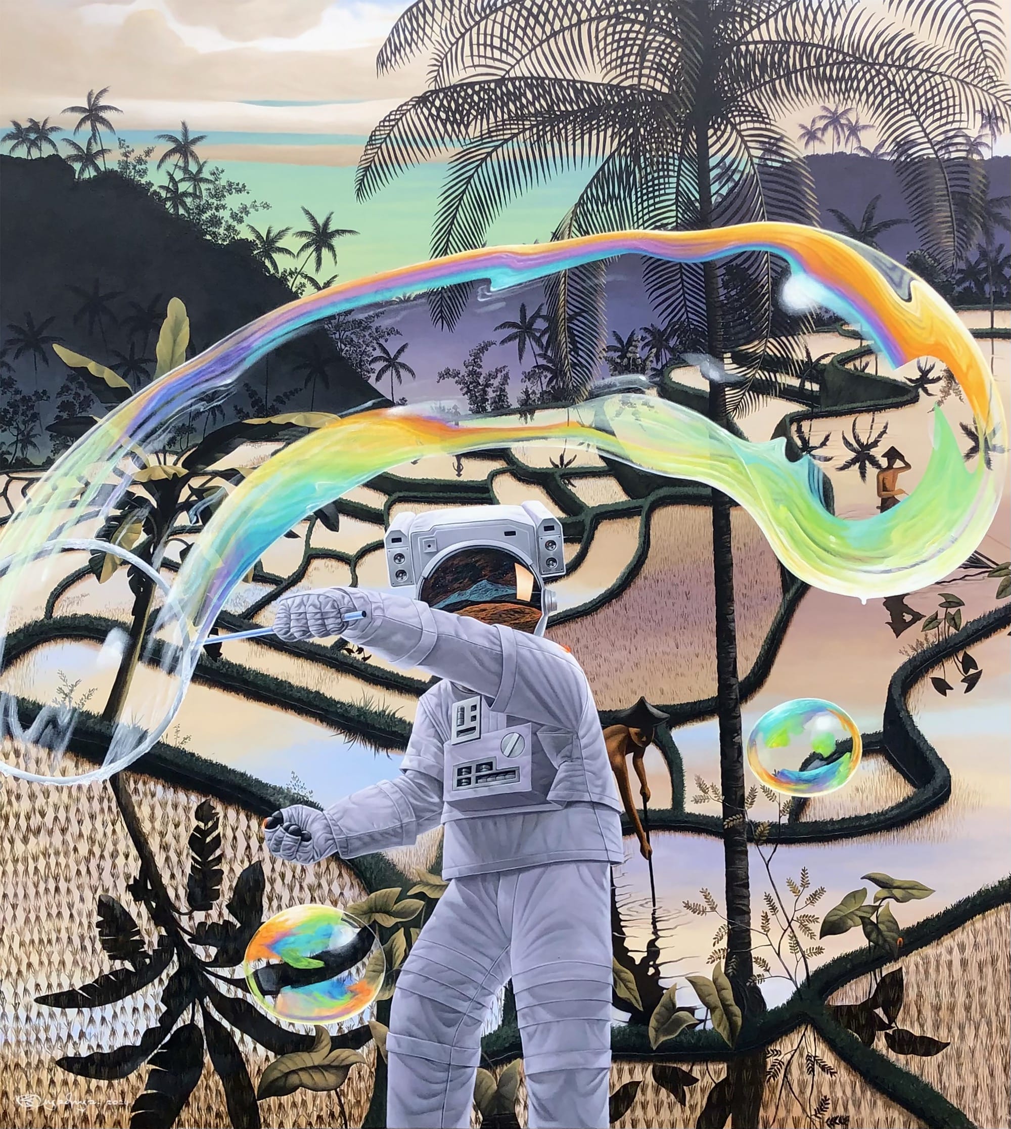an astronaut creates large iridescent bubbles in an unearthly environment