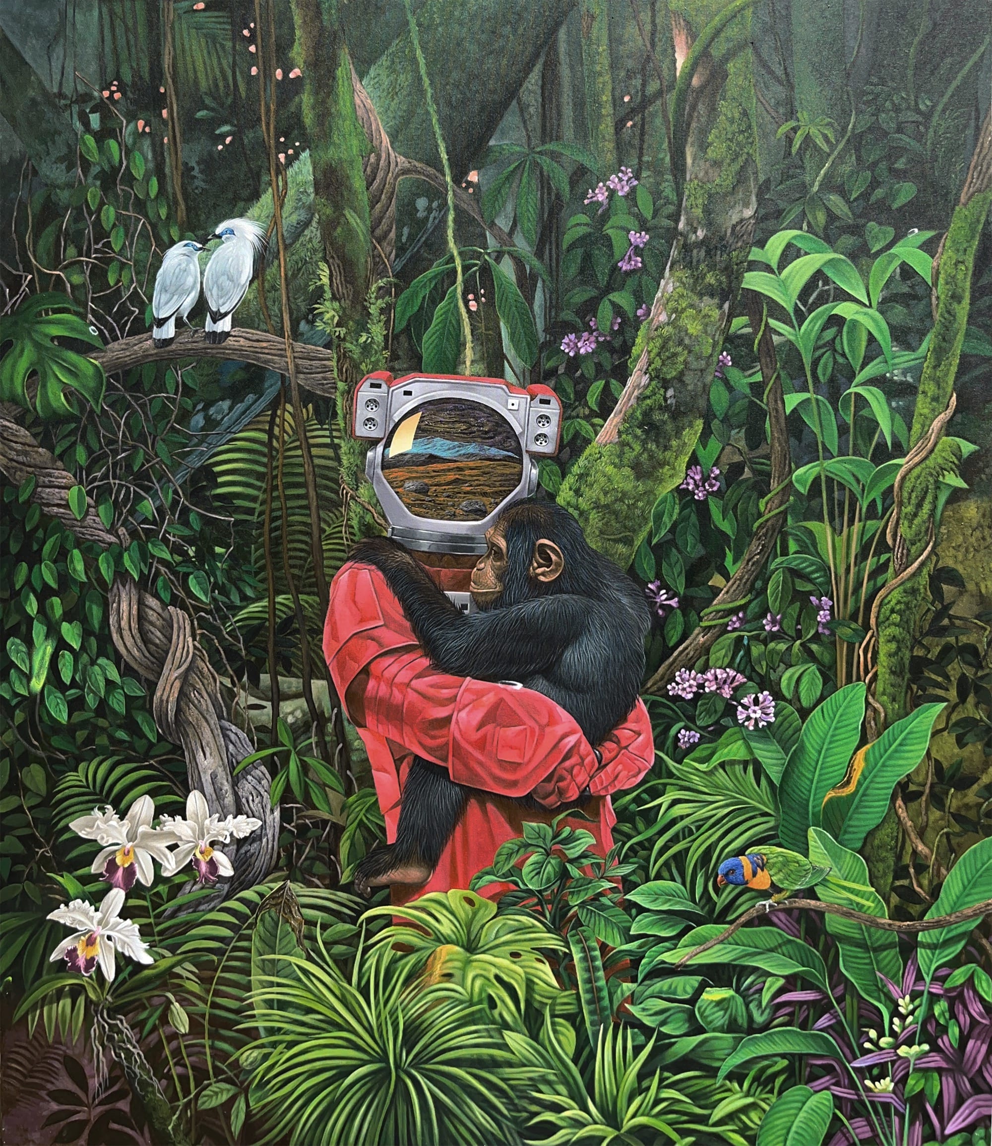 a figure in a spacesuit hugs a primate in a lush forest