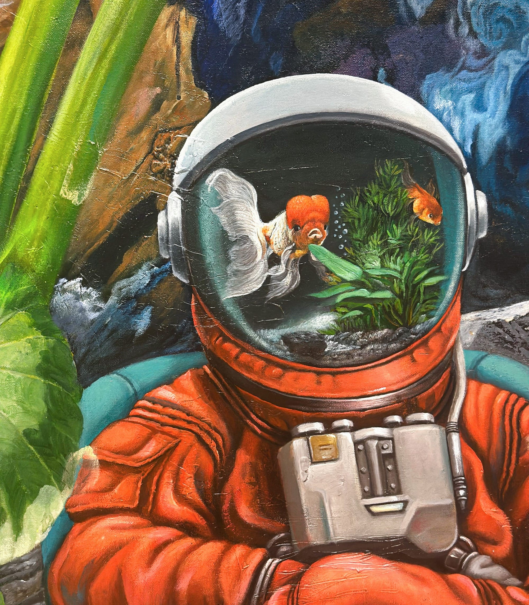 a figure in a space suit with fish swimming in its helmet