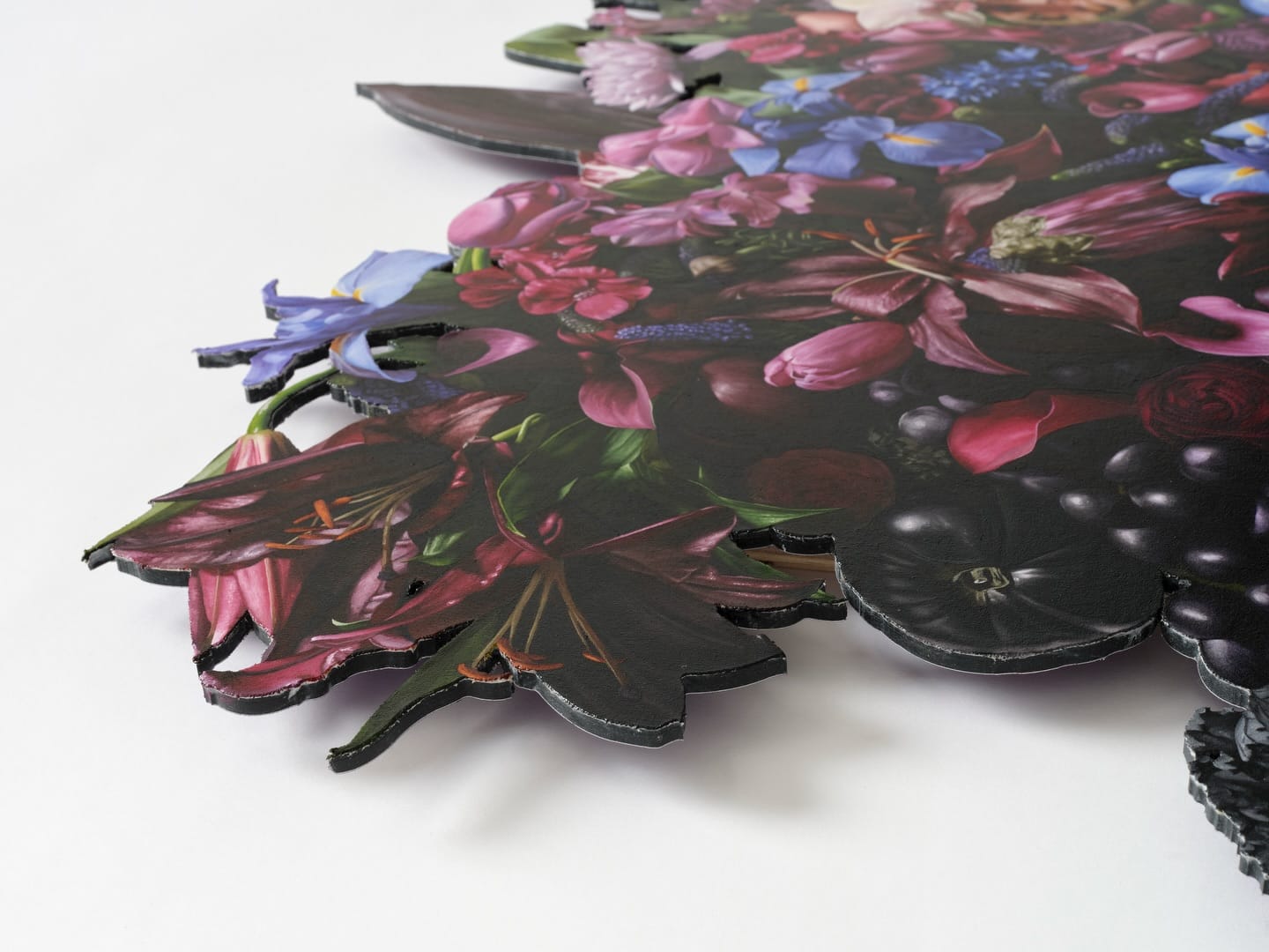 detail of a hyperrealistic floral bouquet in an organic shape by Mason Pott. the flowers and fruits are deep purples and reds