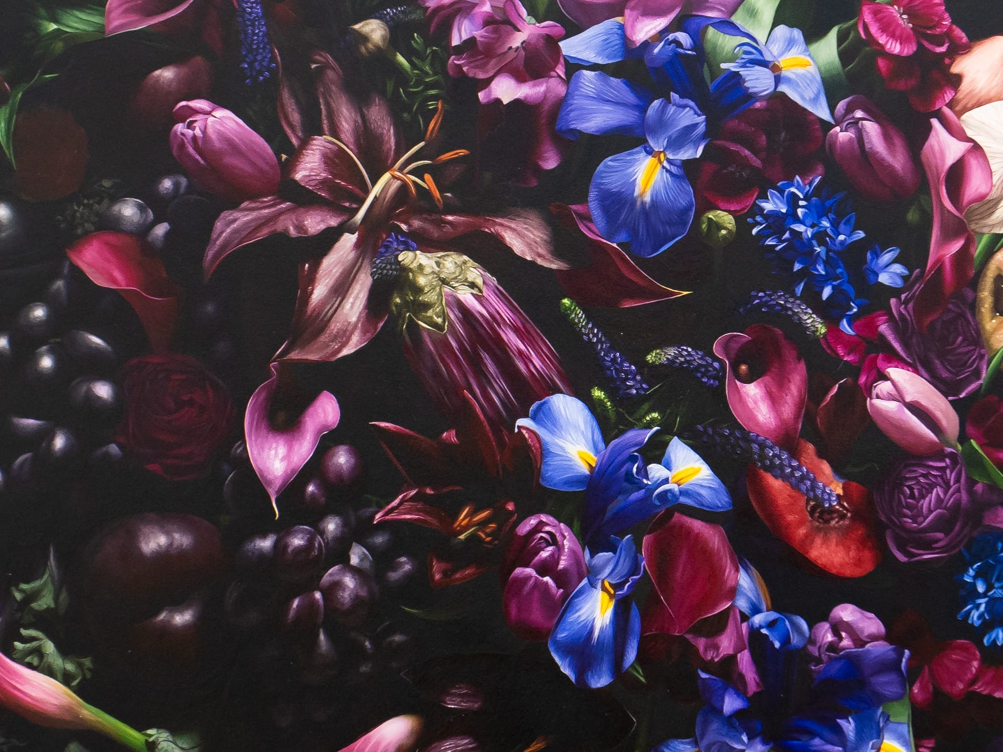 detail fo a hyperrealistic floral bouquet in an organic shape by Mason Pott. the flowers and fruits are deep purples and reds